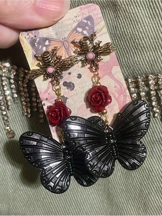 Hand Crafted Jewelry - Antiqued Gold Bee, Red Rose & Black Butterfly Drop Earrings